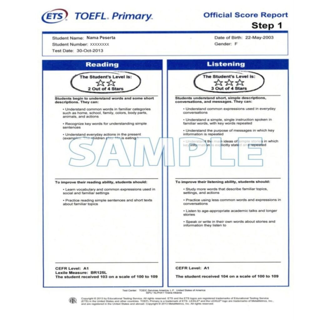 TOEFL Primary Score Report 
