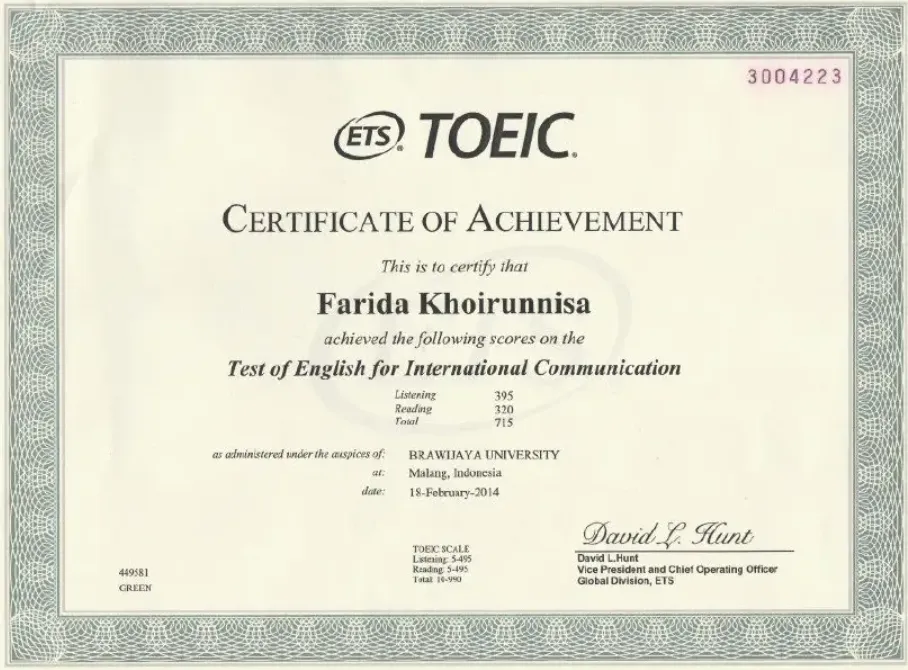 Contoh Sertifikat TOEIC Resmi ETS